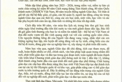 THƯ CỦA CHỦ TỊCH NƯỚC LƯƠNG CƯỜNG GỬI NGÀNH GIÁO DỤC NHÂN DỊP KHAI GIẢNG NĂM HỌC MỚI 2025 – 2026