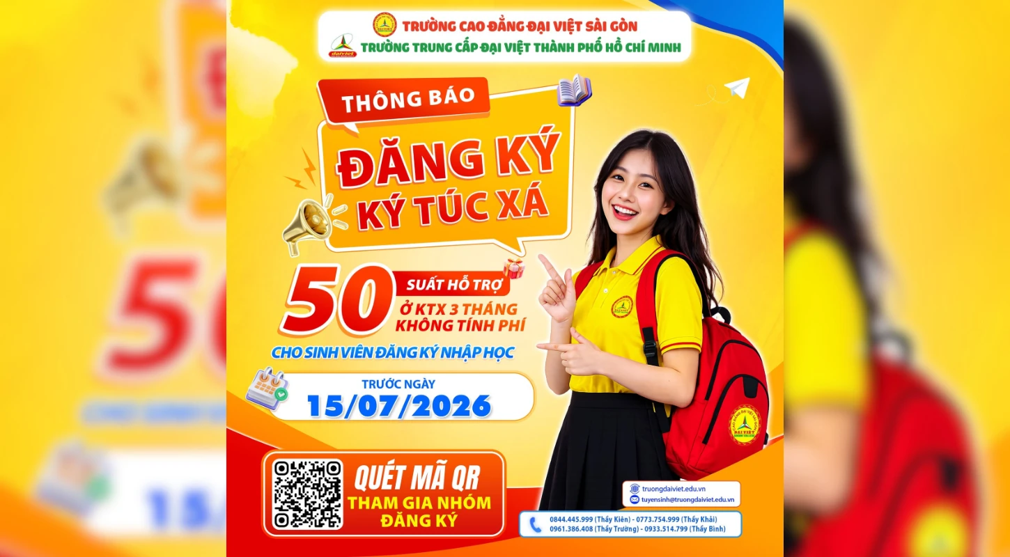Thông báo 50 suất miễn phí ký túc xá 03 tháng dành cho tân sinh viên nhập học sớm năm 2026 | Trường Trung Cấp Đại Việt Tp. Hồ Chí Minh