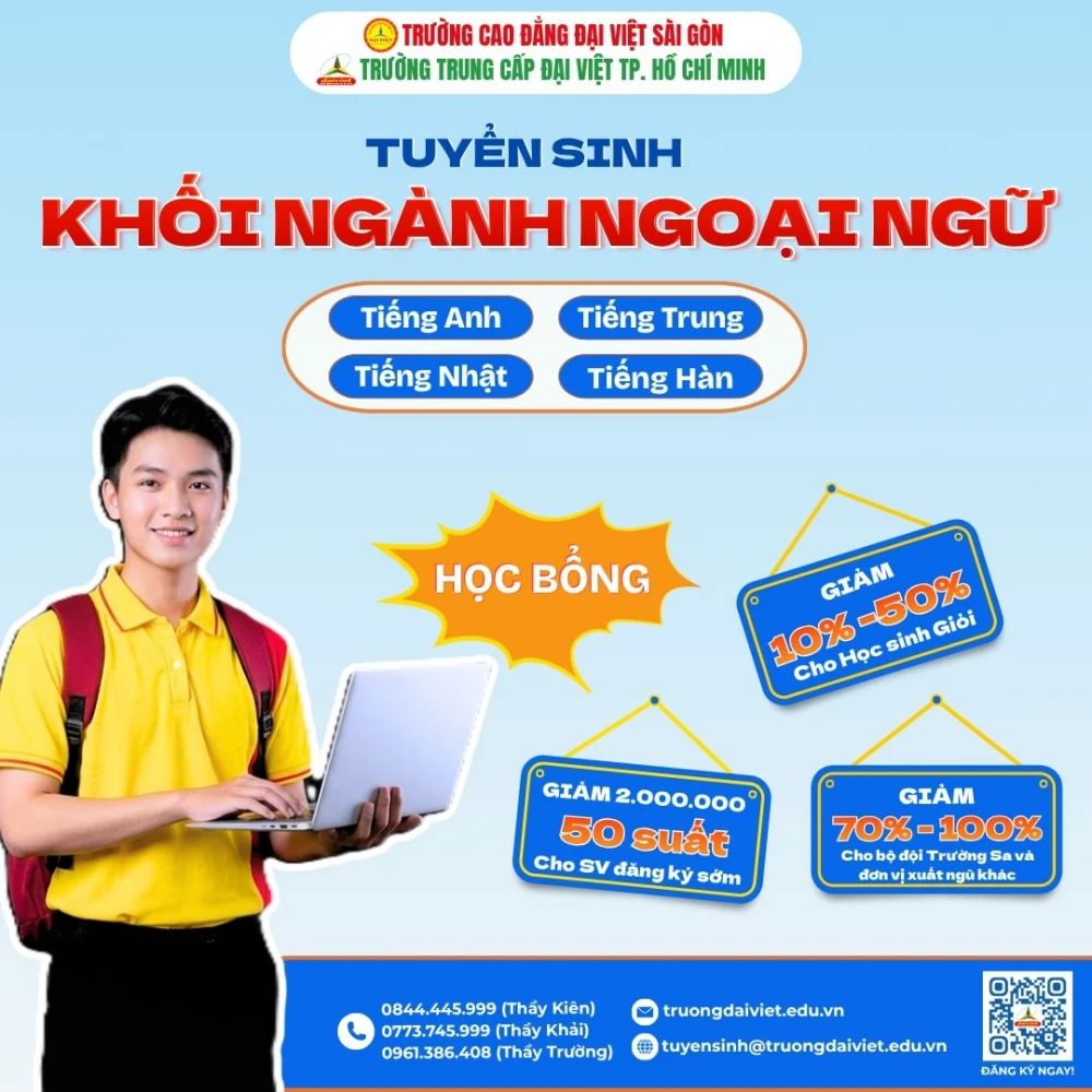 Tuyển Sinh Cao Đẳng Ngoại Ngữ 2026 | Tiếng Anh, Trung, Nhật, Hàn | Đại Việt Sài Gòn