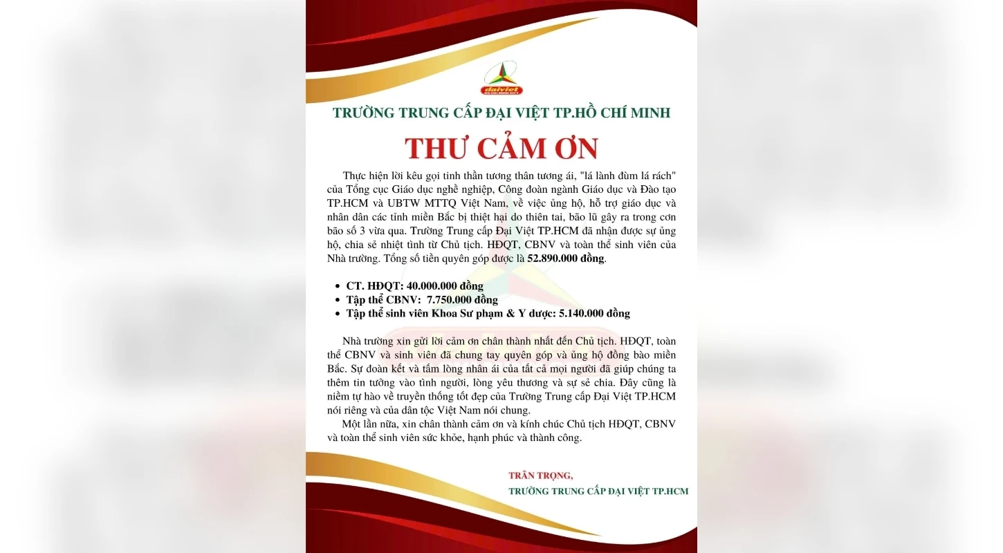 Thư Cảm Ơn Chung Tay Ủng Hộ Đồng Bào Miền Bắc Khắc Phục Hậu Quả Thiên Tai, Bão Lũ | Trường Trung Cấp Đại Việt Tp. Hồ Chí Minh