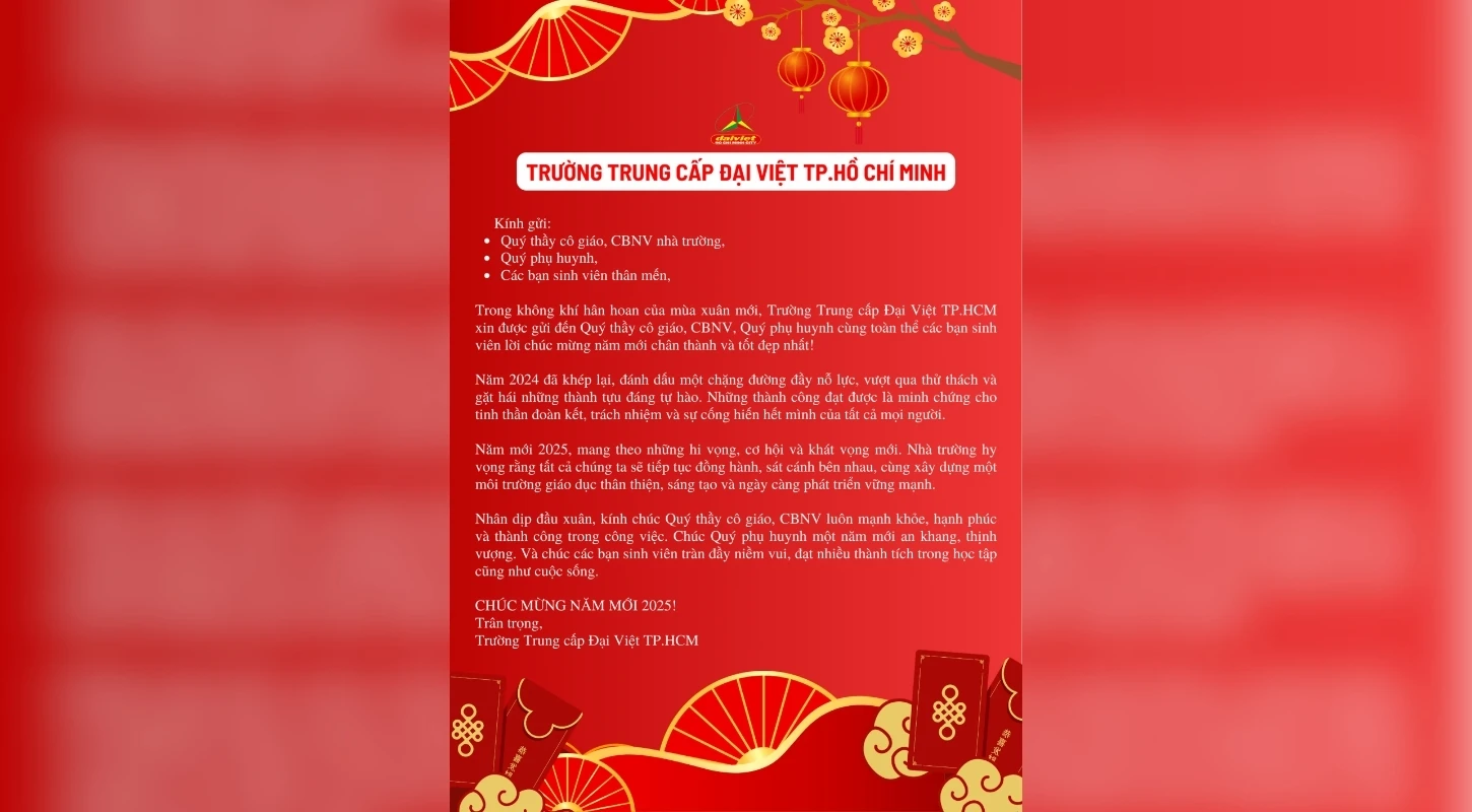 Thư Chúc Mừng Năm Mới 2025 Từ Trường Trung Cấp Đại Việt Tp. Hồ Chí Minh | Trường Trung Cấp Đại Việt Tp. Hồ Chí Minh
