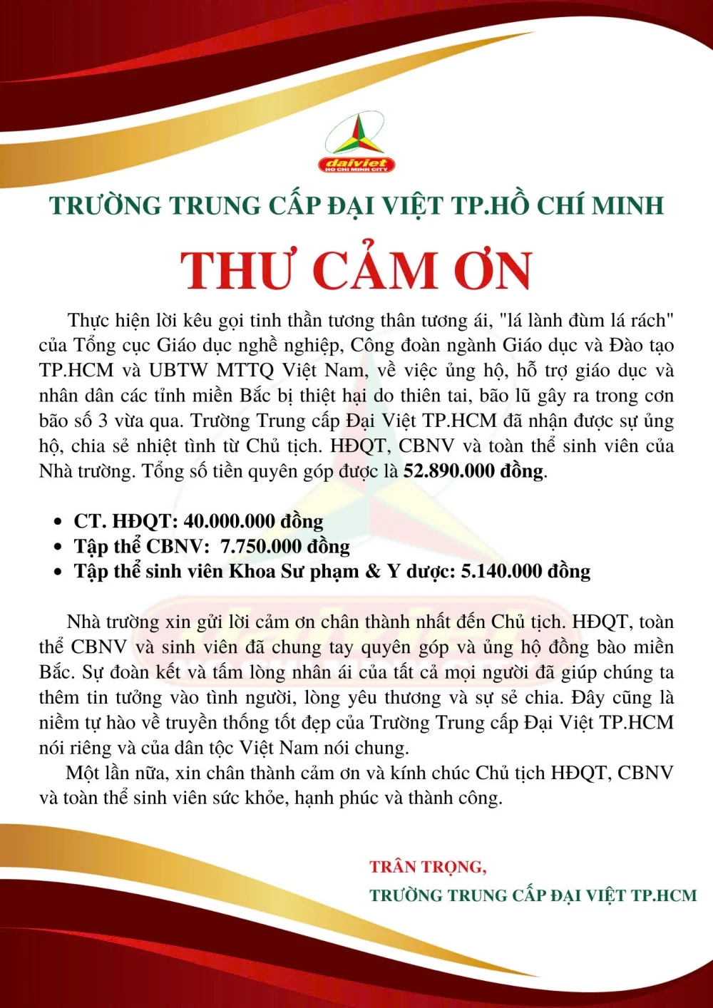 Thư Cảm Ơn Quyên Góp Hỗ Trợ Đồng Bào Miền Bắc Bị Thiệt Hại Do Bão Lũ | Trường Trung Cấp Đại Việt TP.HCM