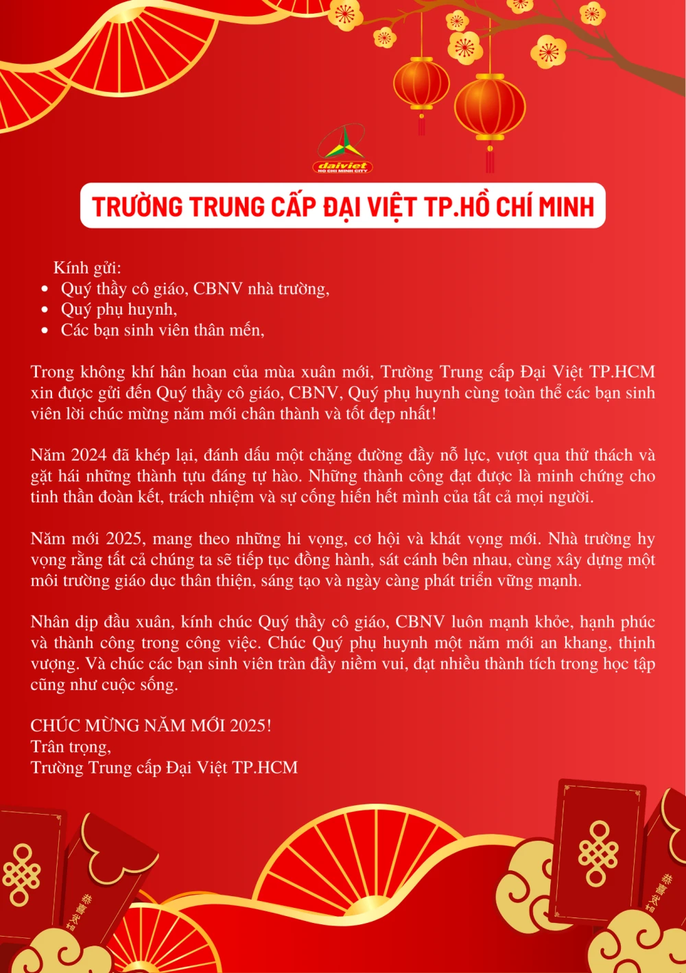 Thư Chúc Mừng Năm Mới 2025 | Trường Trung Cấp Đại Việt TP.HCM